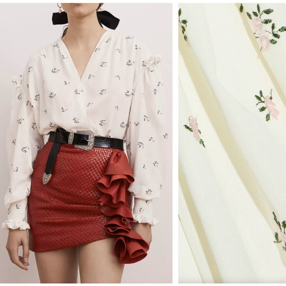 MAGDA BUTRYM Granelli Floral Embroidered Silk Blouse Cream Pink {B53}